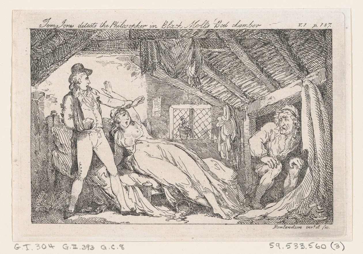 توم جونز يكتشف الفيلسوف في غرفة نوم بلاك مولز ، تاريخ توم جونز ، ... ، 1792. بواسطة توماس رولاندسون