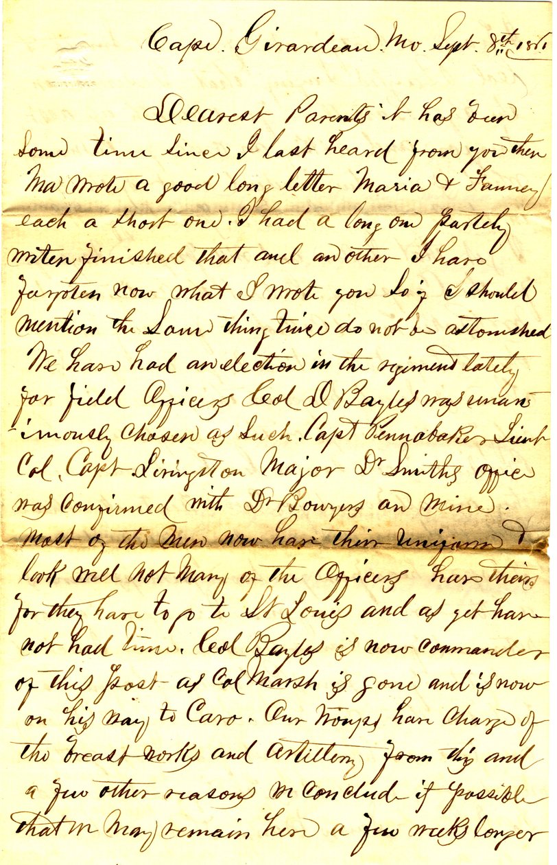 وقعت الرسالة تي إس هاولي ، كيب جيراردو ، ميسوري ، للآباء في 8 سبتمبر 1861 بواسطة توماس س.هولي