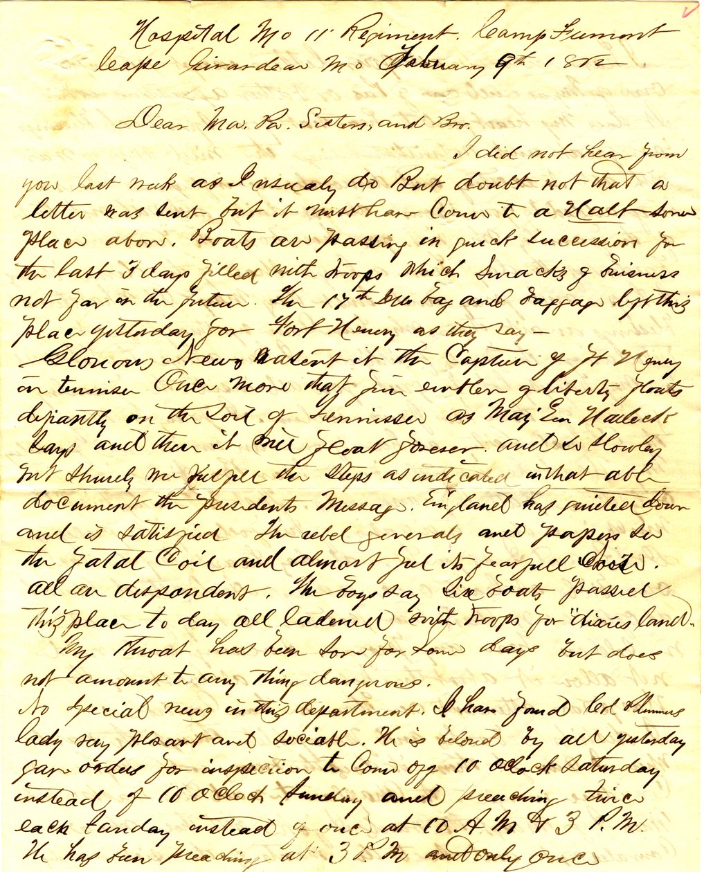 وقعت الرسالة TS Hawley ، مستشفى 11th Missouri للمشاة ، كامب فريمونت ، كيب جيراردو ، للعائلة ، 9 فبراير 1862 بواسطة توماس س.هولي