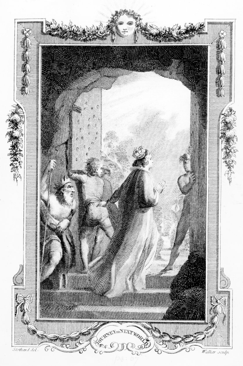 رسم توضيحي من "رحلة من هذا العالم إلى الآخر" لهنري فيلدنغ ، نقشه أنتوني ووكر ، 1783 بواسطة توماس ستوثارد