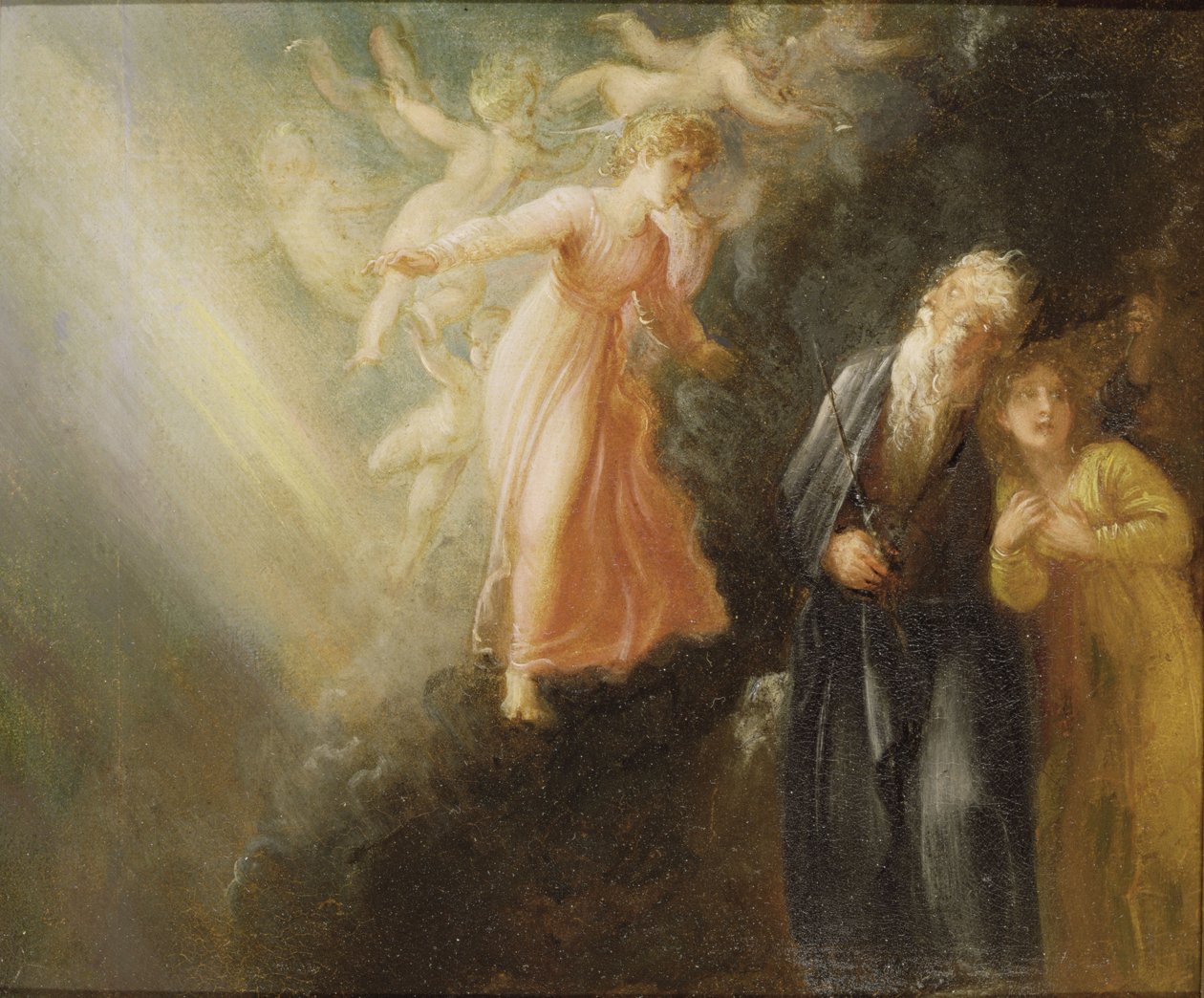 بروسبيرو وميراندا وآرييل ، من فيلم The Tempest ، حوالي عام 1799 (زيت على ورق مُثبَّت على قماش كتاني) بواسطة توماس ستوثارد