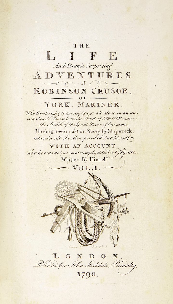 صفحة عنوان "Robinson Crusoe" من "The Life and Strange Surprising Adventures of Robinson Crusoe، or York، Mariner" بقلم دانيال ديفو بواسطة توماس ستوثارد