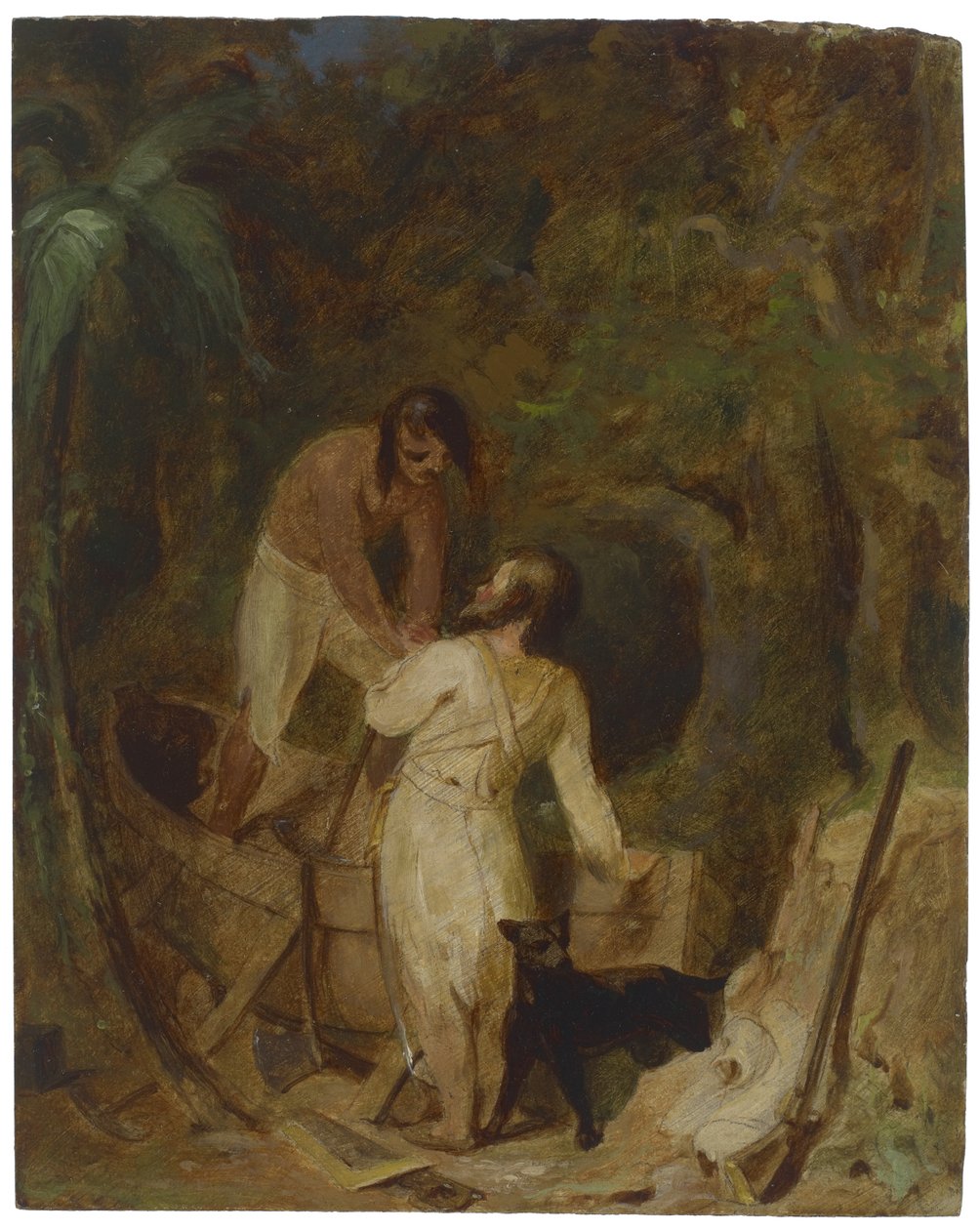 بناء القوارب من قبل روبنسون كروزو والجمعة ، ج 1856 بواسطة توماس سولي