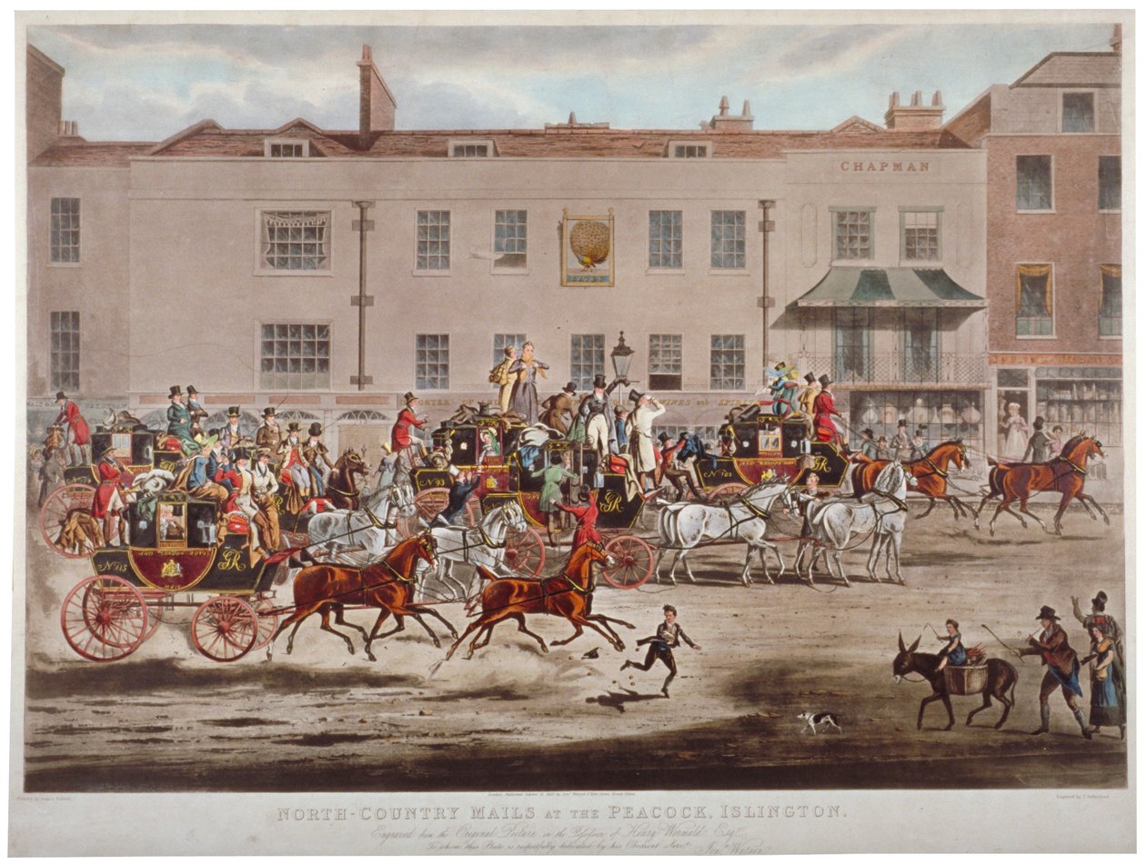 حافلات البريد أمام Peacock Inn في Islington High Street ، لندن ، 1823. بواسطة توماس ساذرلاند