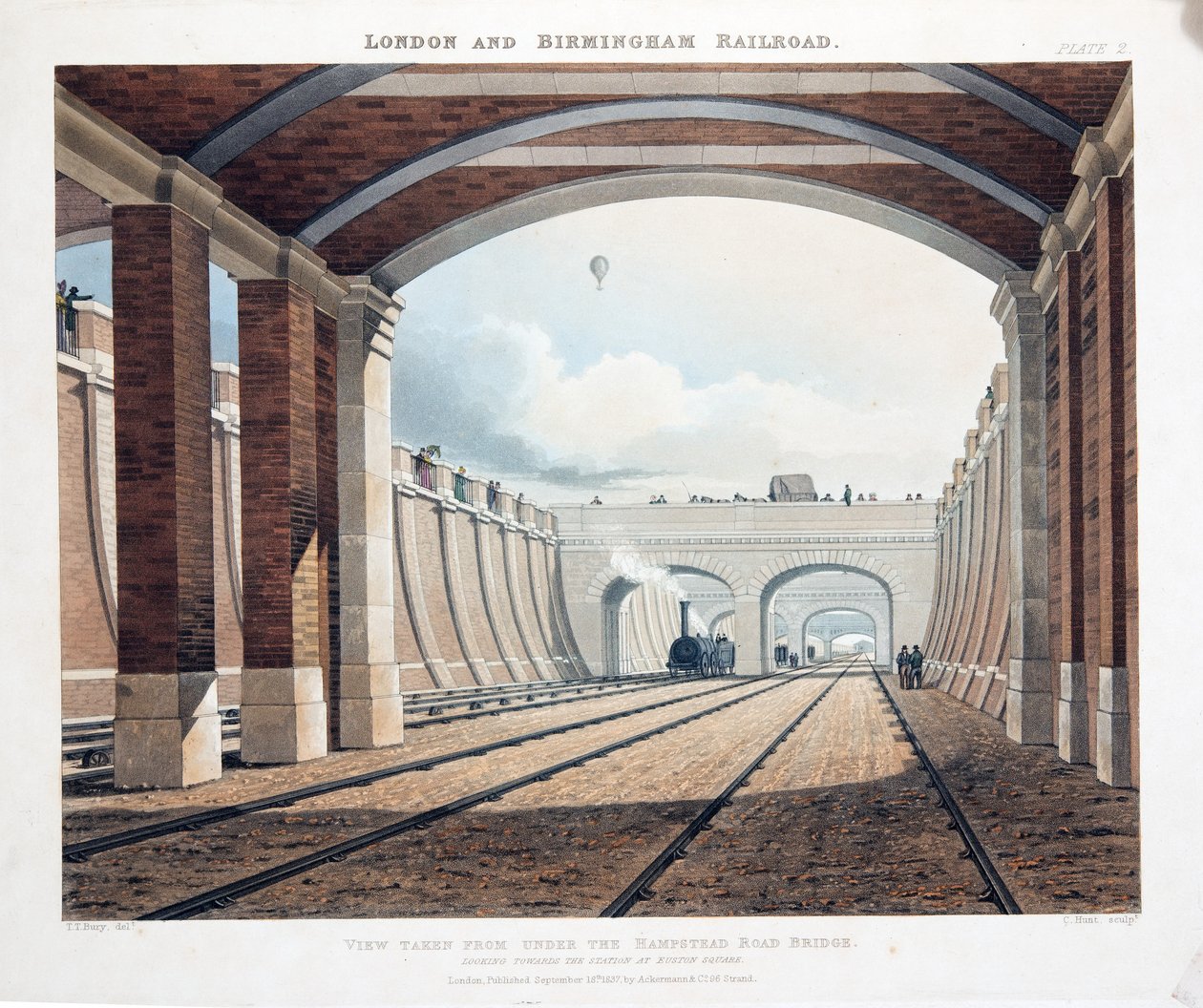 منظر مأخوذ من جسر هامبستيد رود ، باتجاه المحطة في ساحة يوستون ، 1837 (نقش يدوي) بواسطة توماس تالبوت بيري