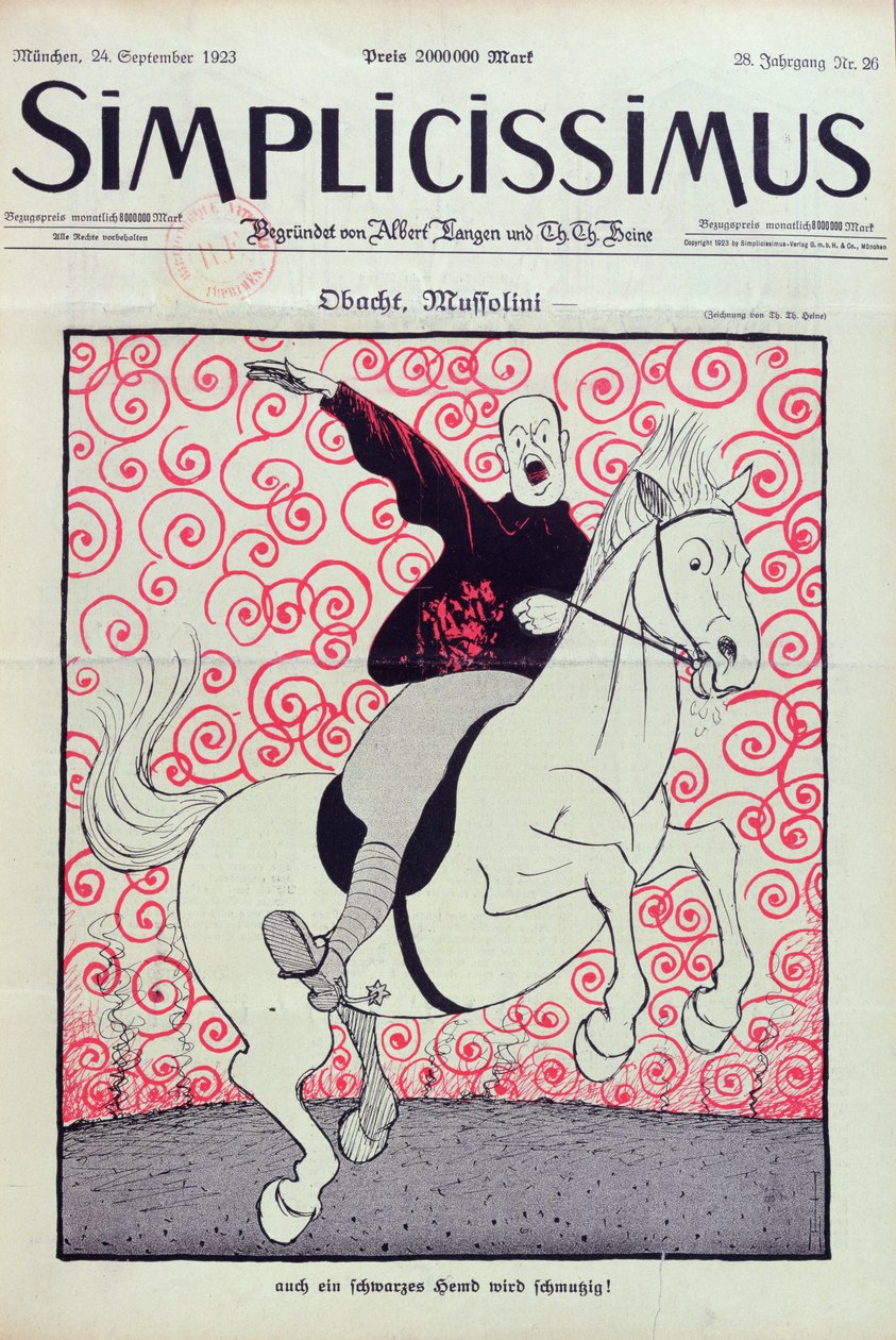 رسم كاريكاتوري لبينيتو موسوليني (1883-1945) ، غلاف مجلة "Simplicissimus" ، نُشرت في ميونيخ ، 24 سبتمبر 1923 (لون ليثو) بواسطة توماس ثيودور هاينه