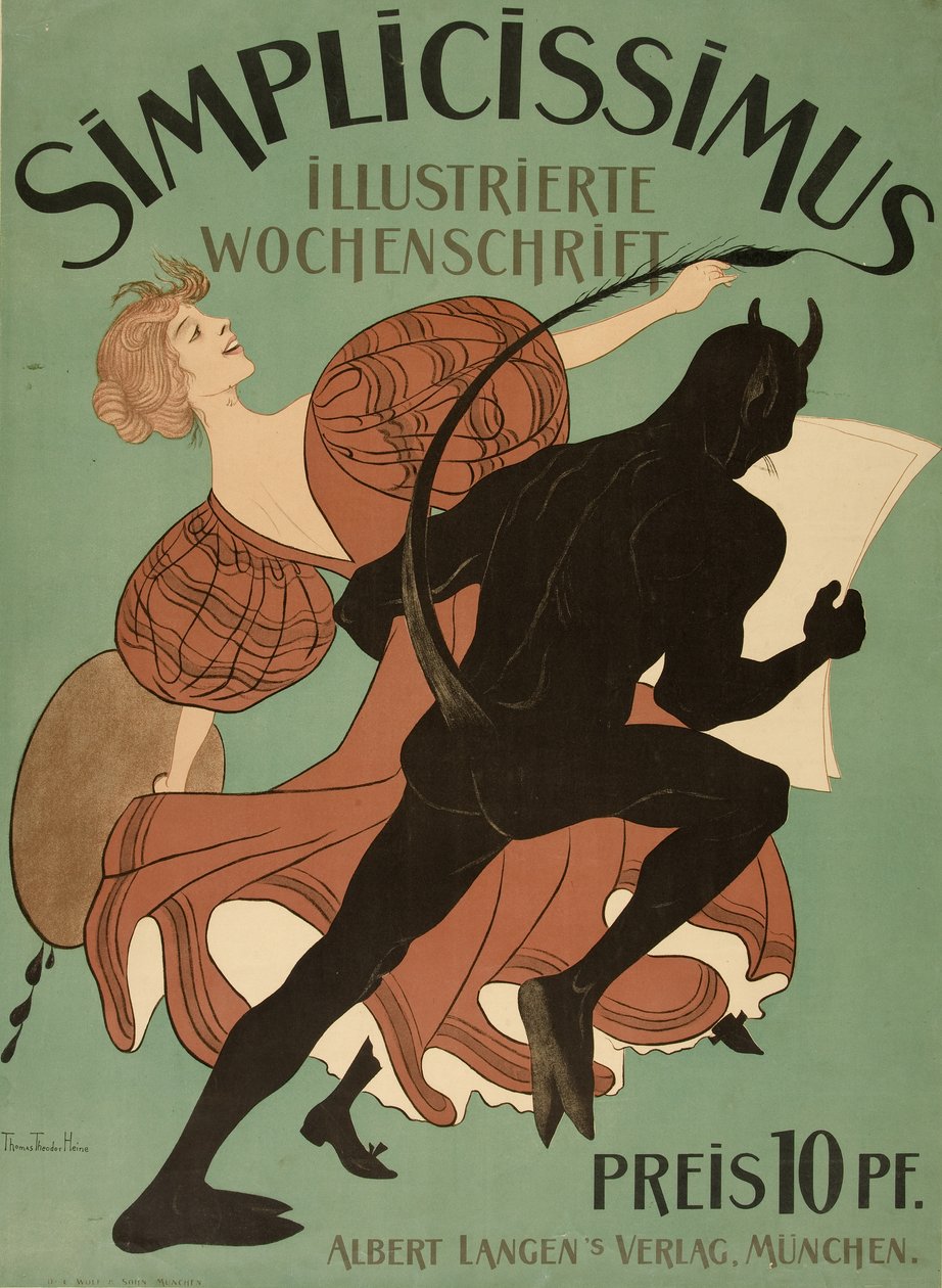 الغلاف الأمامي من "Simplicissimus Illustrated Weekly"، pub. 1896 (لون ليثو) بواسطة توماس ثيودور هاينه