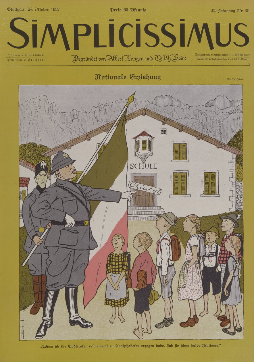 موسوليني (1883-1945) وتيرول الإيطالي، رسم كاريكاتوري من مجلة quot;Simplicissimusquot;، 24 أكتوبر 1924 (ليثو ملون) بواسطة توماس ثيودور هاينه