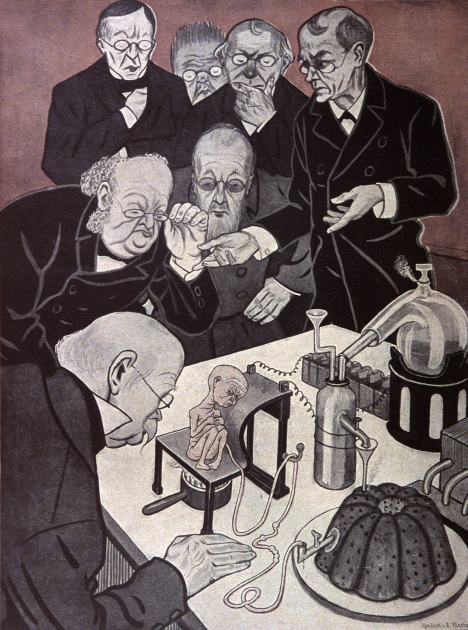 Homunculus (مصغر على الرغم من أن جسم الإنسان مكتمل التكوين). رسم توضيحي بواسطة Th.Th. Heine in: Simplicissimus ، ألماني ، حوالي 1900 (طباعة حجرية) بواسطة توماس ثيودور هاينه
