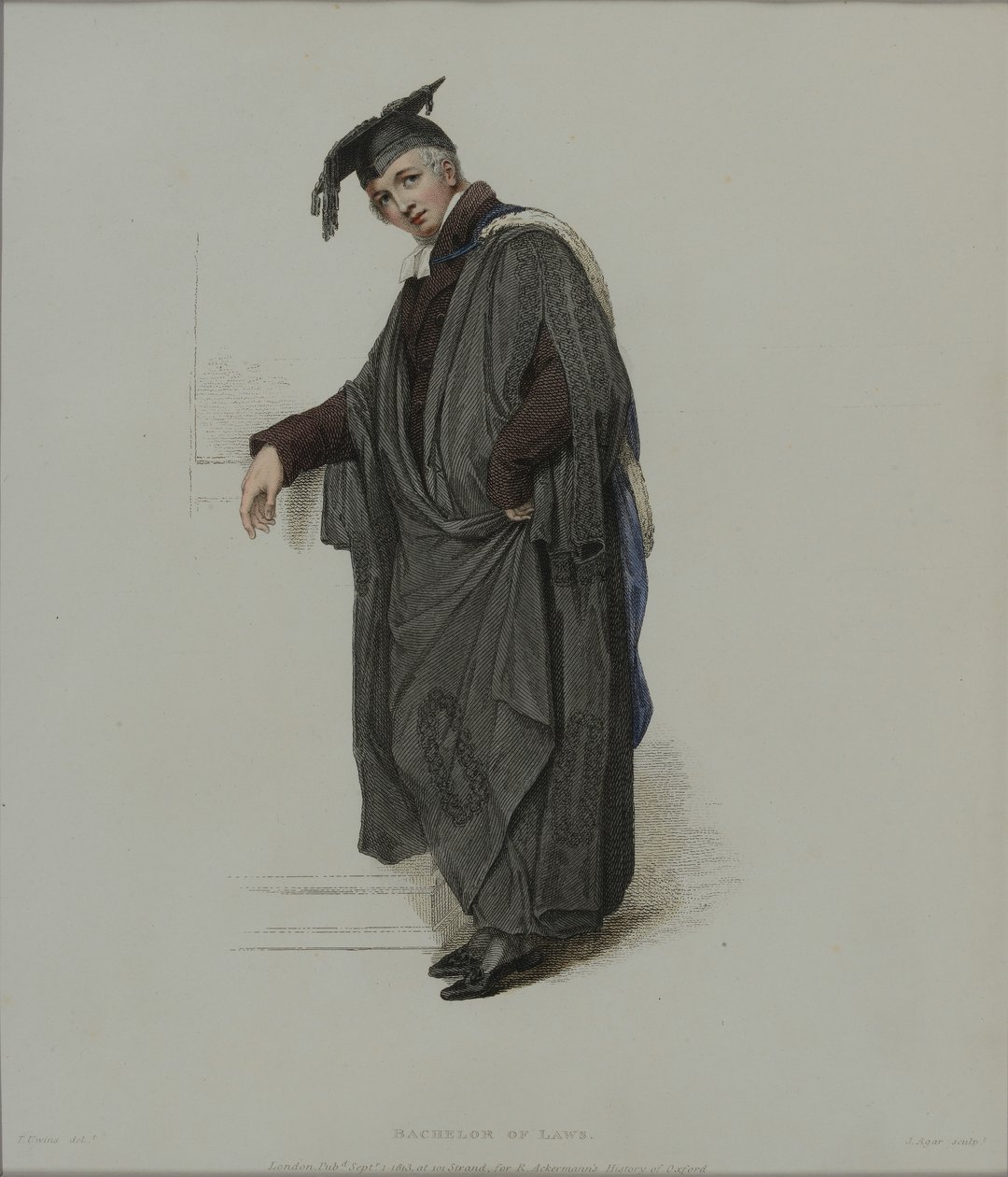 بكالوريوس في القانون ، منقوش من قبل J. Agar ، تم نشره في R.Eckermann&39;s History of Oxford ، 1813 (نقش يدوي) بواسطة توماس أوينز