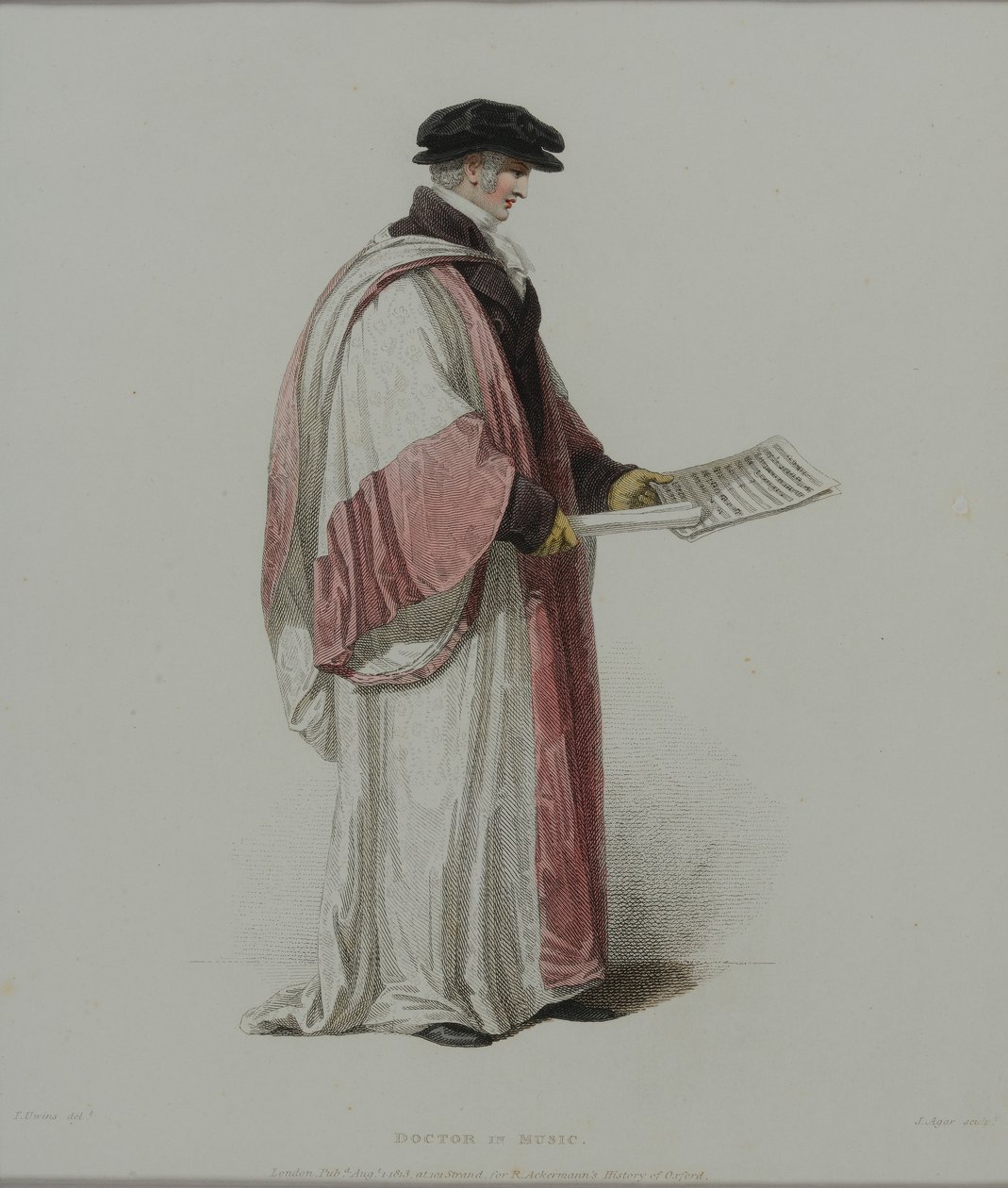 دكتوراه في الموسيقى ، نقشها ج. أغار ، نُشرت في رواية "تاريخ أكسفورد" لـ R. Ackermann ، 1813 (نقش يدوي) بواسطة توماس أوينز