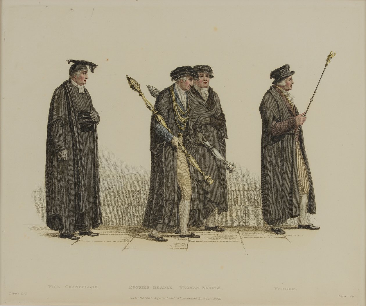 نائب المستشار ، Esquire Beadle ، Yeoman Beadle ، Verger ، محفور بواسطة J. Agar ، تم نشره في R.Eckermann&39;s History of Oxford ، 1813 (نقش يدوي) بواسطة توماس أوينز