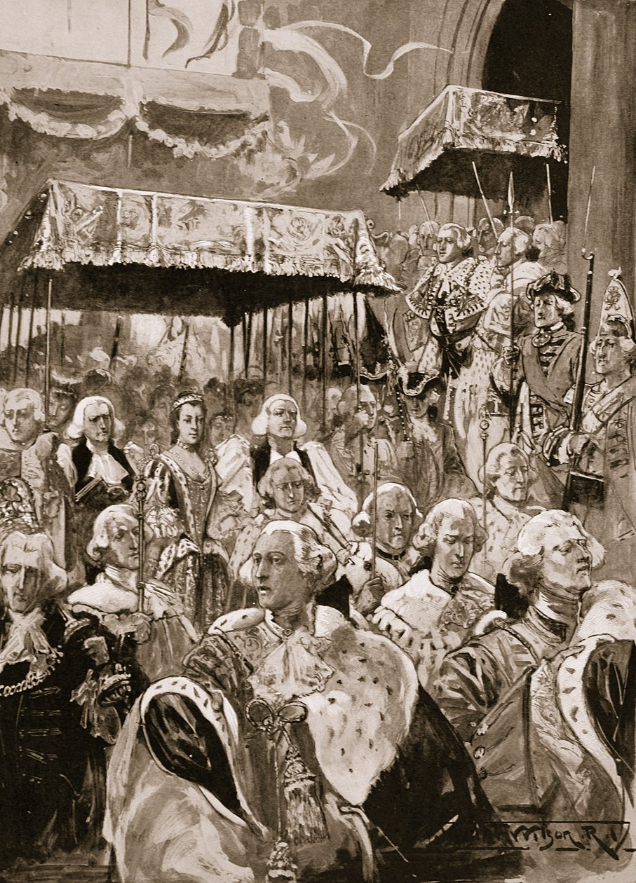 الموكب من قاعة وستمنستر في تتويج جورج الثالث والملكة شارلوت ، 22 سبتمبر 1761 ، من "أخبار لندن المصورة" 1902 بواسطة توماس والتر ويلسون