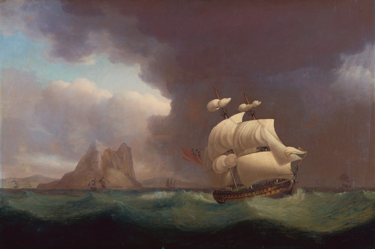 A Two Decker and Other Vessels in Stormy Weather off جبل طارق بواسطة توماس ويتكومب