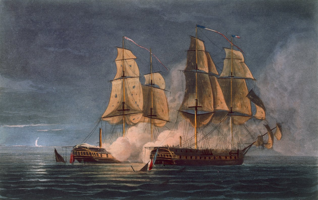 الاستيلاء على Thetis بواسطة HMS Amethyst ، 10 نوفمبر 1808 ، منقوش بواسطة T. Sutherland لـ `` التسلسل الزمني البحري لبريطانيا العظمى &39;&39; بقلم J. Ralfe ، نشر عام 1820 بواسطة توماس ويتكومب