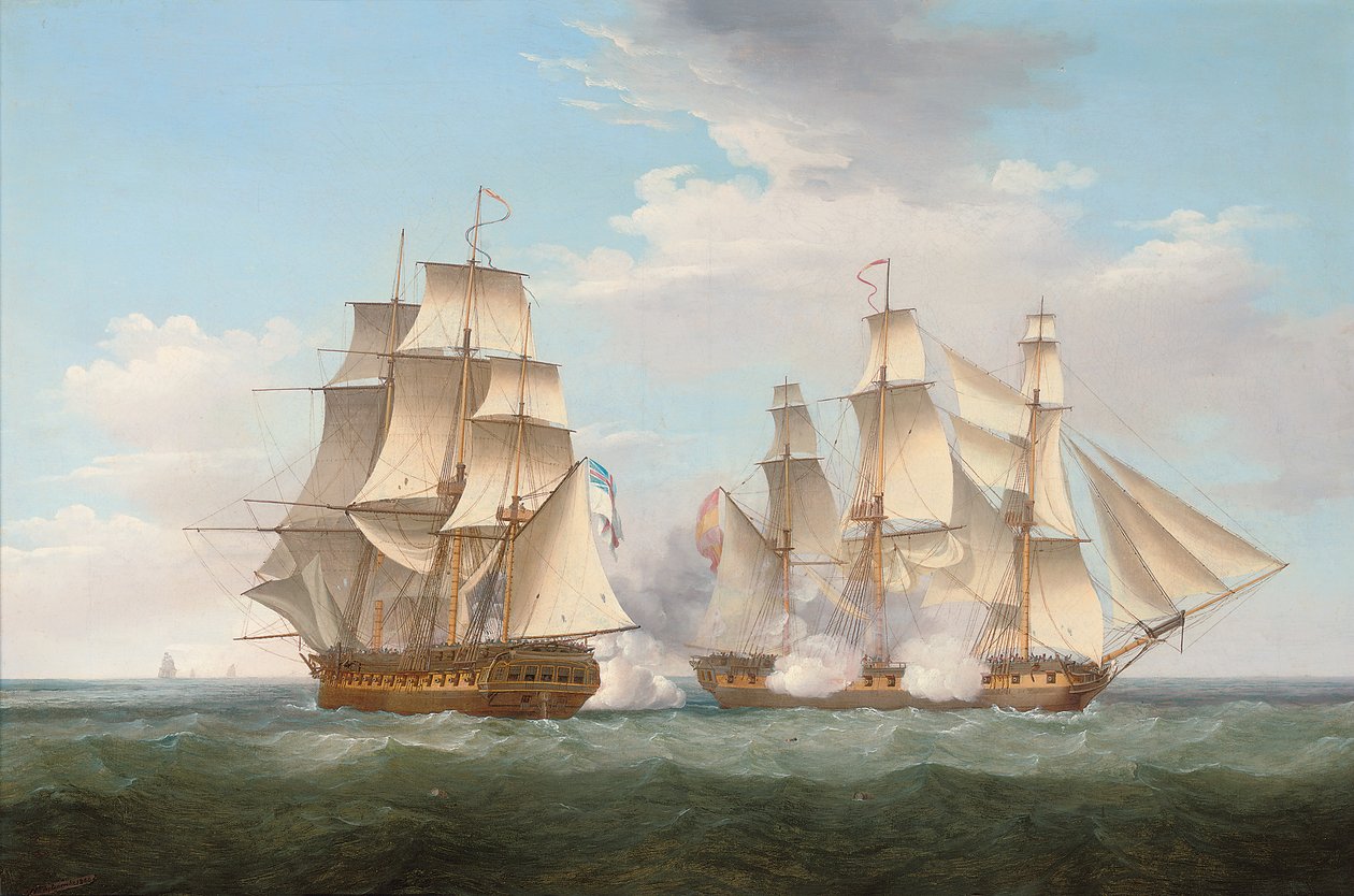 HMS Ethalion في العمل مع الفرقاطة الإسبانية Thetis قبالة كيب فينيستر ، 16 أكتوبر 1799 ، 1800 بواسطة توماس ويتكومب