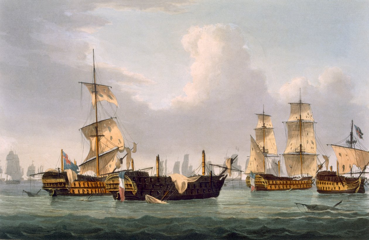 عمل اللورد Hotham ، 14 مارس 1795 ، محفور من قبل توماس ساذرلاند من أجل الإنجازات البحرية لـ Jenkins ، 1816 (نقش الألوان) بواسطة توماس ويتكومب