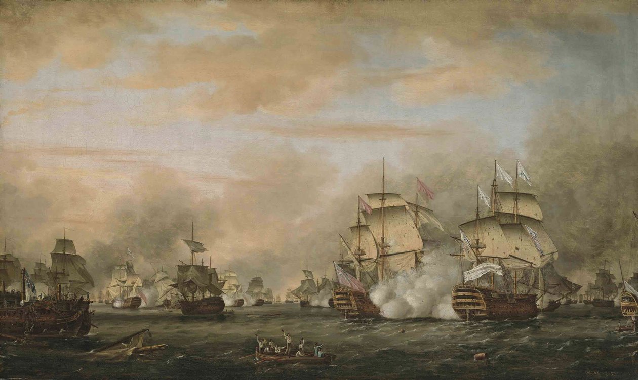 معركة سينتس ، 12 أبريل 1782. HMS Barfleur هاجمت سفينة القيادة الفرنسية Ville de Paris بواسطة توماس ويتكومب