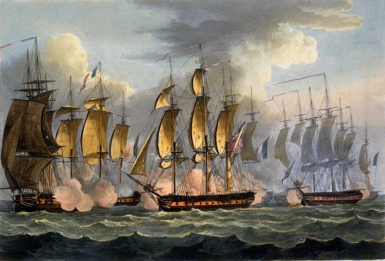 The Capture of La Prévoyante and La Raison ، 17 مايو 1795 ، من "الإنجازات البحرية لبريطانيا العظمى" لجيمس جينكينز ، محفور بواسطة توماس ساذرلاند ، تم نشره عام 1817 (ألوان مائية يدوية) بواسطة توماس ويتكومب
