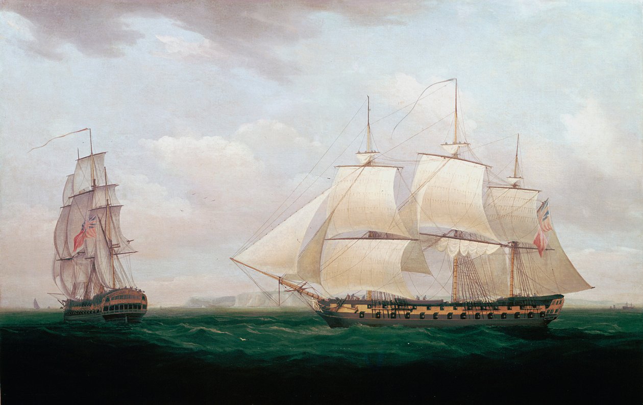 اثنان من Indiamen الشرقيين قبالة ساحل ، Thomas Whitcombe ، c1850 بواسطة توماس ويتكومب