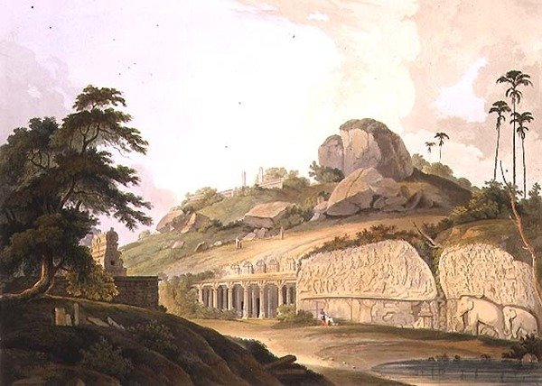 مدخل معبد هندو محفور في مافاليبورام ، اللوحة الثانية من الجزء 3 من "المشهد الشرقي" ، حانة. 1799 (أكواتينت) بواسطة توماس وويليام دانييل