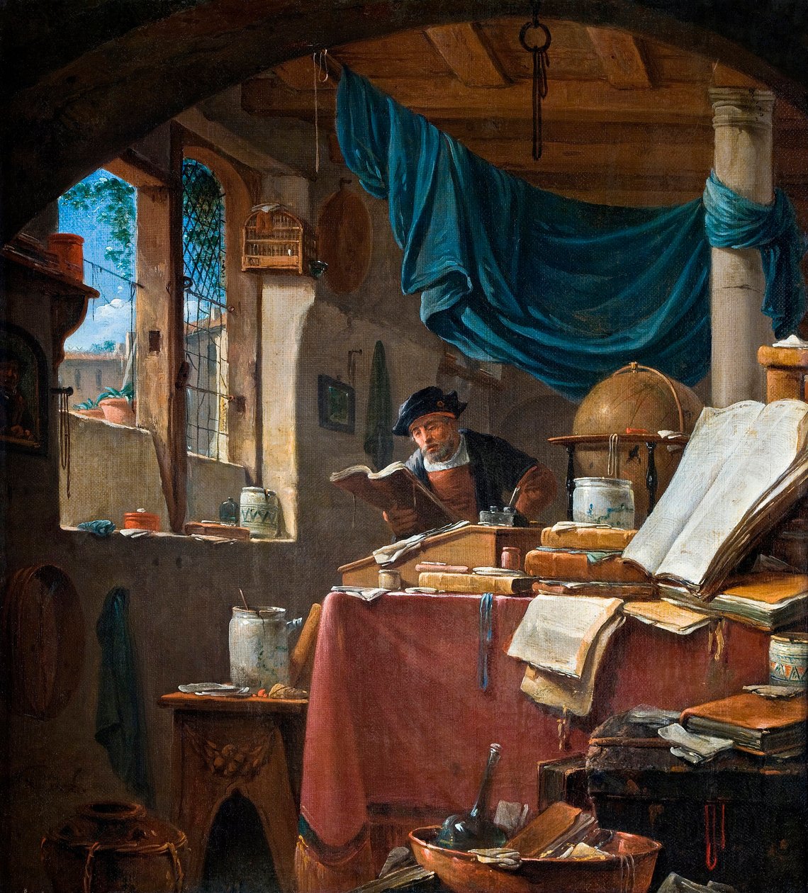 ""Un savant dans son bureau"" (A scholar in his Study) Peinture de Thomas Wyck (Wyjck ou Wijck) (vers 1616-1677) - Oil on canvas - 33,5x31 - Hallwylska Museet, Stockholm بواسطة توماس ويك