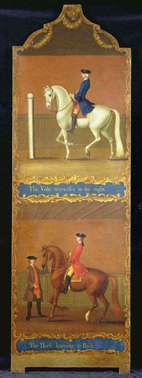 "Volte Renversee إلى اليمين" (الجزء العلوي) و "The Horse Learning to back" (الجزء السفلي) ، ص 1750 بواسطة توماس ، من Pall Mall Butler