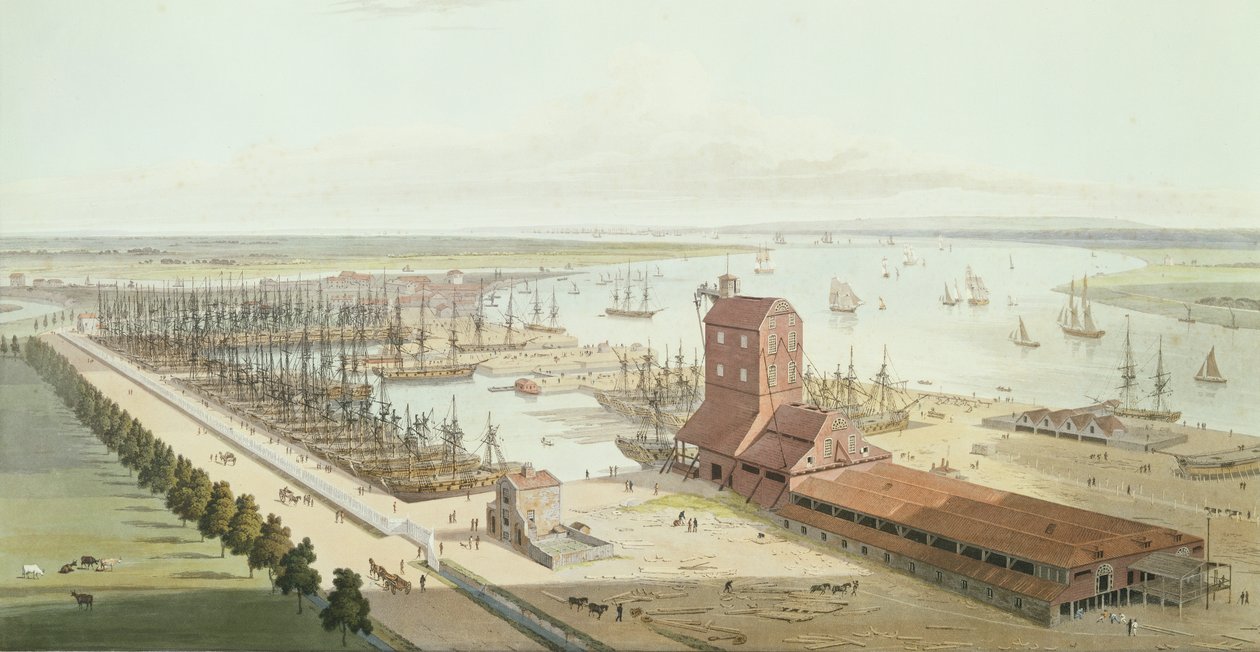 The Mast House and Brunswick Dock at Blackwell، 1803 (aquatint) بواسطة توماس وويليام دانييل