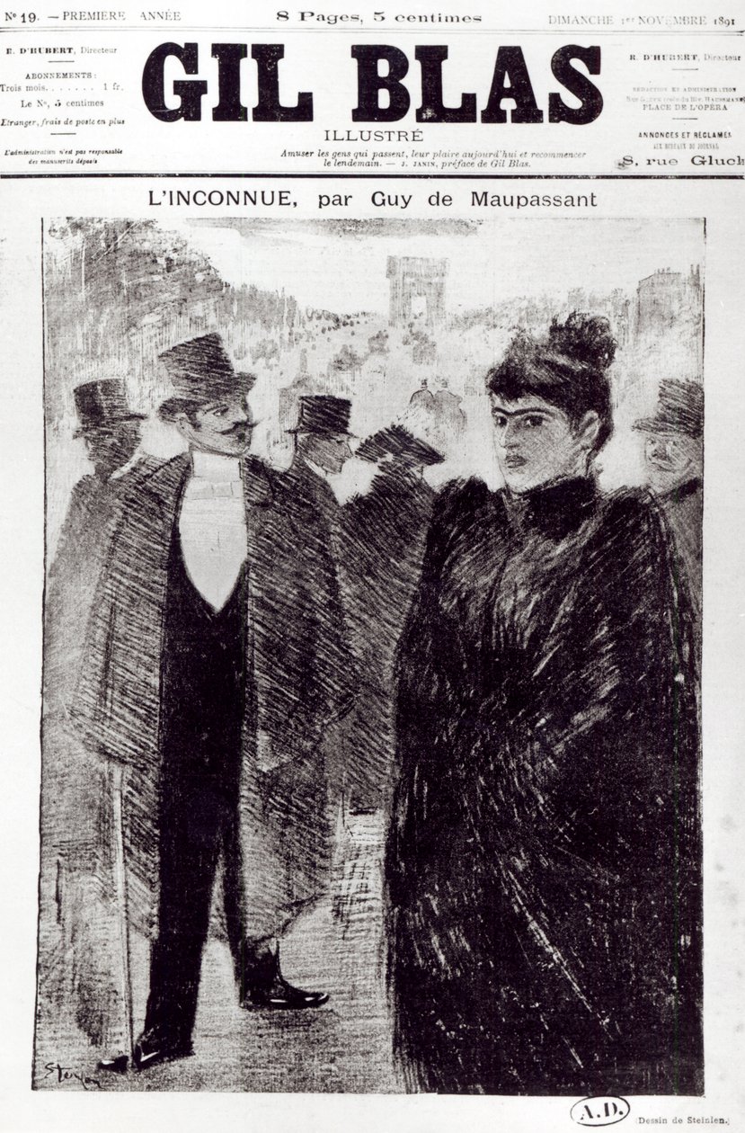 رسم توضيحي لـ "L&39;Inconnue" بواسطة Guy de Maupassant (1850-1894) ، الغلاف الأمامي لـ "جيل بلاس" ، 1 نوفمبر 1891 بواسطة ثيوفيل الكسندر شتاينلين
