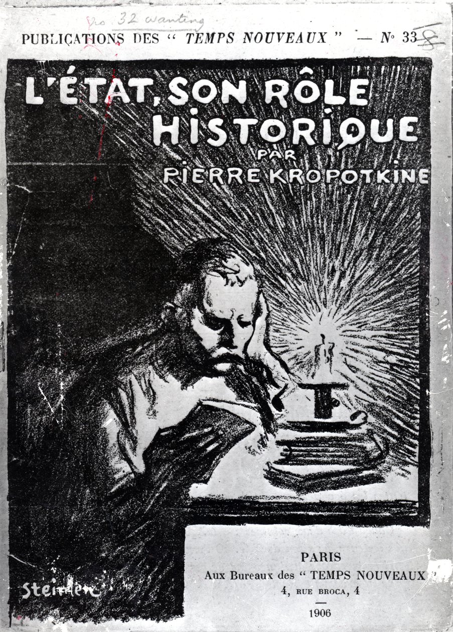 غلاف كتاب &39;L&39;Etat، Son Role Historique&39; بقلم بيوتر كروبوتكين ، نُشر عام 1906 (الطباعة الحجرية) بواسطة ثيوفيل الكسندر شتاينلين