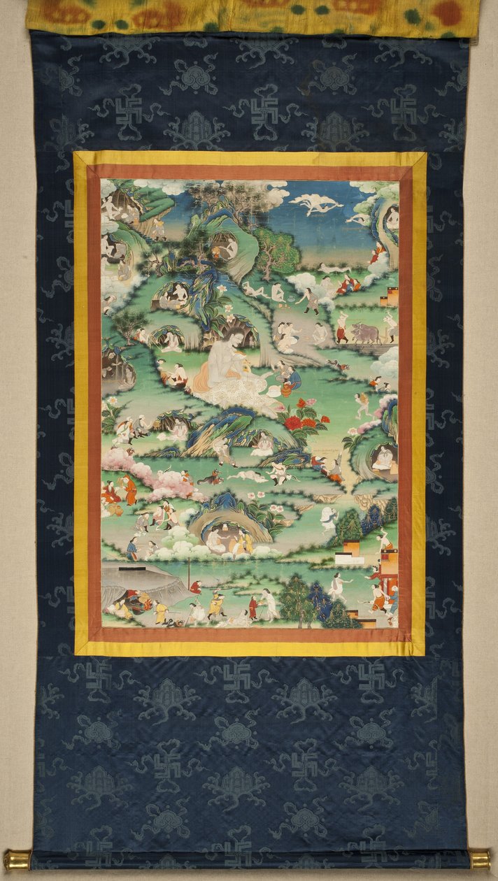 مشهد من حياة Milarepa Thangka ، أواخر القرن الثامن عشر. بواسطة الثقافة التبتية