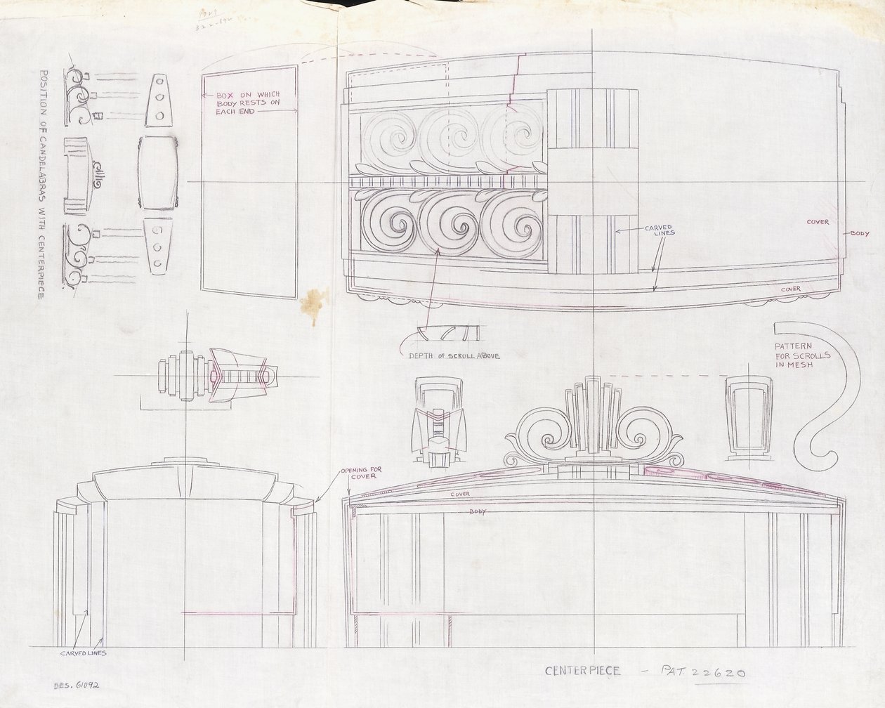 رسم تصميم لقطعة مركزية في معرض Tiffany & Co واثنين من الشمعدانات ثلاثية الأضواء ، تم إعدادهما للمعرض العالمي لعام 1939 ، حوالي عام 1939 (حبر على ورق) بواسطة تيفاني وشركاه