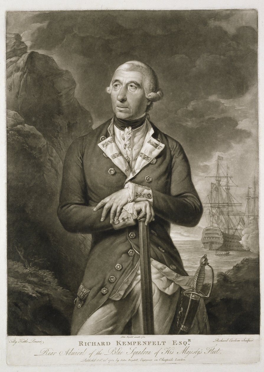 صورة لريتشارد كمبينفيلت (1718-82) أميرال أزرق ، نقشها ريتشارد إيرلوم (1743-1822) حانة. بواسطة John Boydell (1719-1804) 1782 بواسطة غلاية تيلي