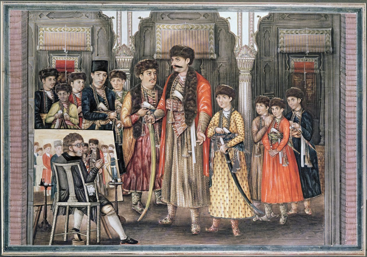 Shuja ud-daula ، نواب العود (1754-75) وأولاده العشرة ، نقشت بواسطة P. Renault ، 1796 (ألوان مائية) بواسطة غلاية تيلي