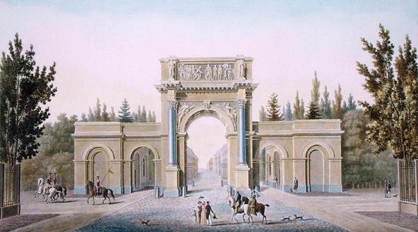 Porte de Guillaume ، بروكسل ، من "اختيار المعالم الأثرية الأكثر روعة ، الصروح والمنازل في مملكة هولندا" بقلم بيير جاك جوتغبور ، محفور بواسطة المؤلف ، نُشر عام 1827 (طباعة مائية) بواسطة تيلمان فرانسوا (بعد) سويز