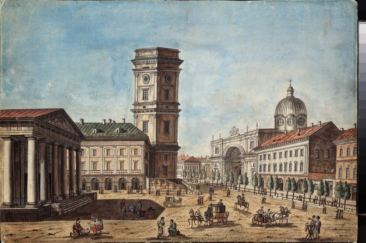 Vue de la Prospect Nevski a Saint بطرسبرغ (منظر شارع نيفسكي بروسبكت في سانت بطرسبورغ) - عمل تيموفي أليكسييفيتش فاسيلييف (1783-1838)، ألوان مائية وحبر على ورق، حوالي عام 1810 - فن روسي بواسطة تيموثي أليكسييفيتش فاسيليف