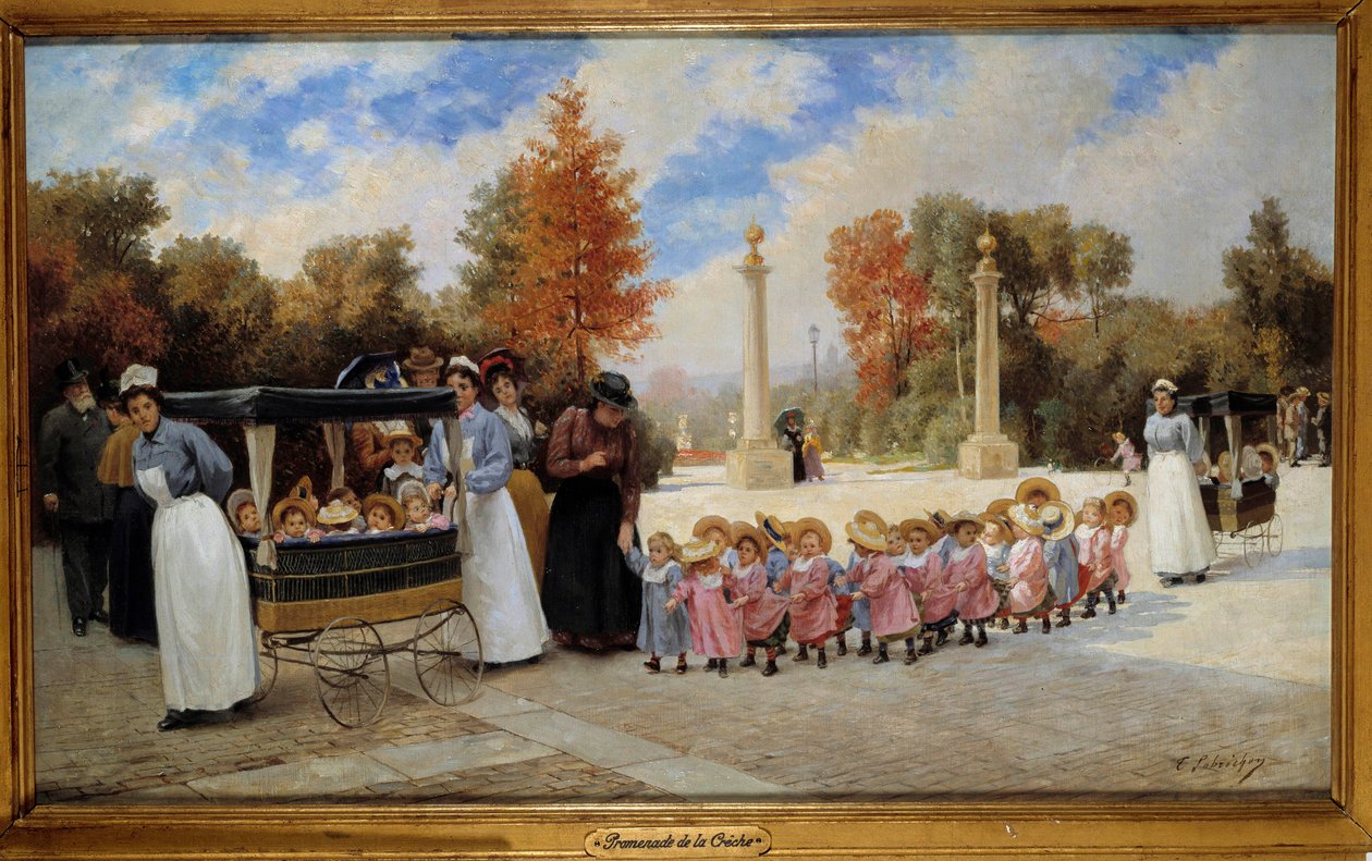 Walking from the creche to the Tuileries Nurses walk children with carts. Painting by Timoleon Lobrichon (1831-1914) 19th century. Private collection - Promenade of Children in the Tuileries gardens. Nannies taking walk with children in carts. Painting by  بواسطة تيموليون ماري لوبريشون