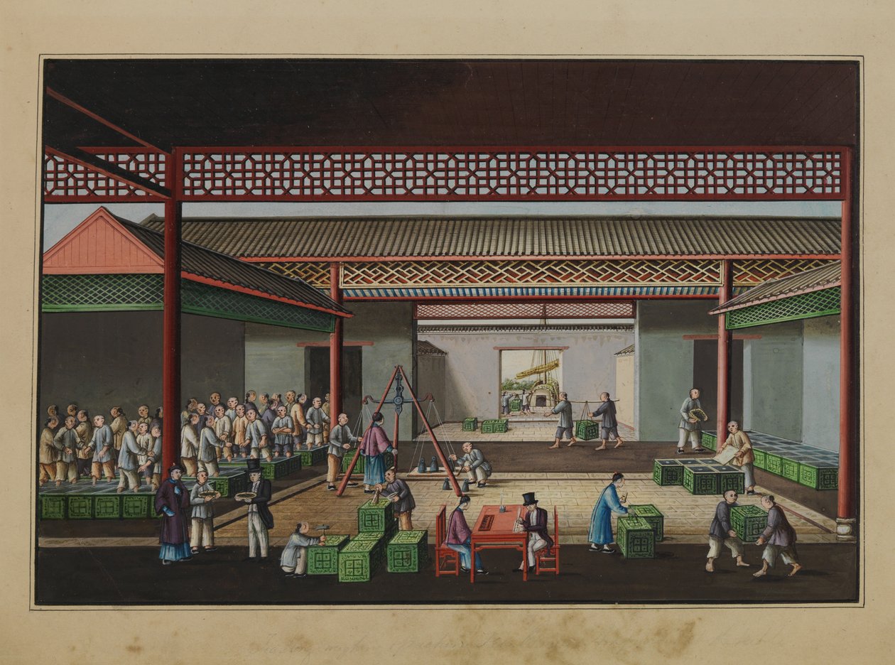 وزن وشراء الشاي، حوالي عام 1860 (لوحة مائية على ورق) بواسطة تينكوا