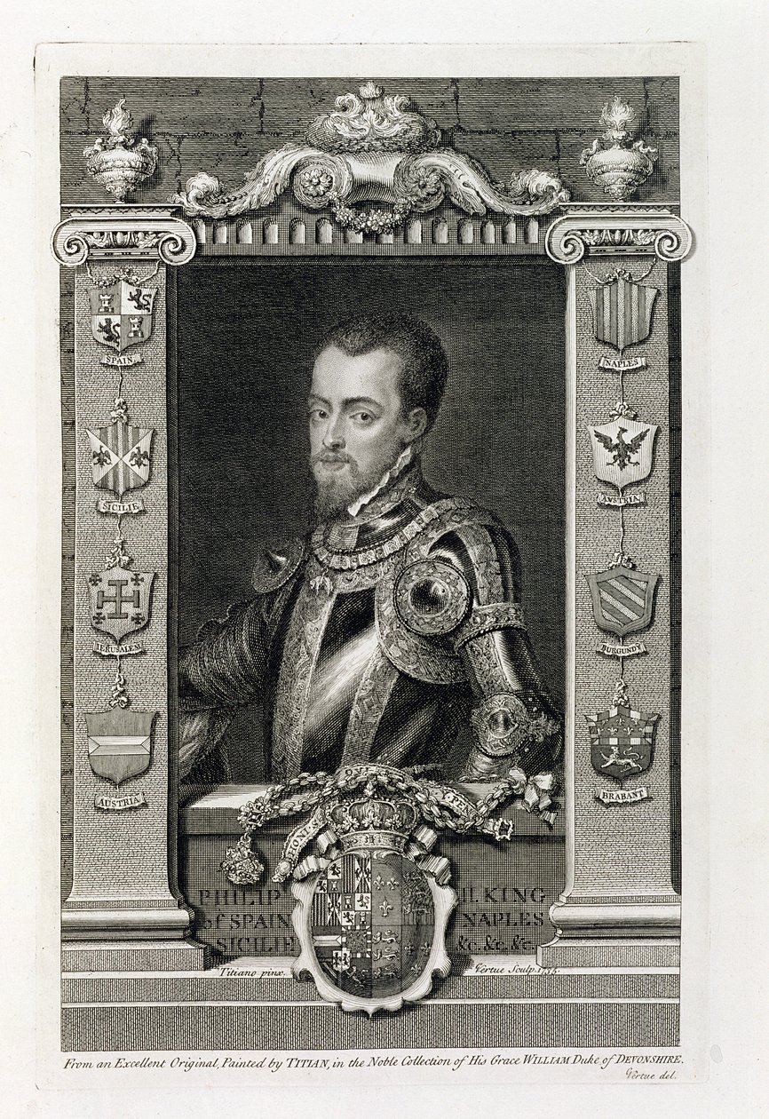 فيليب الثاني (1527-98) ملك إسبانيا من 1556 ، منقوش بواسطة جورج فيرتو (1684-1756) 1735 بواسطة تيزيانو فيتشيلي