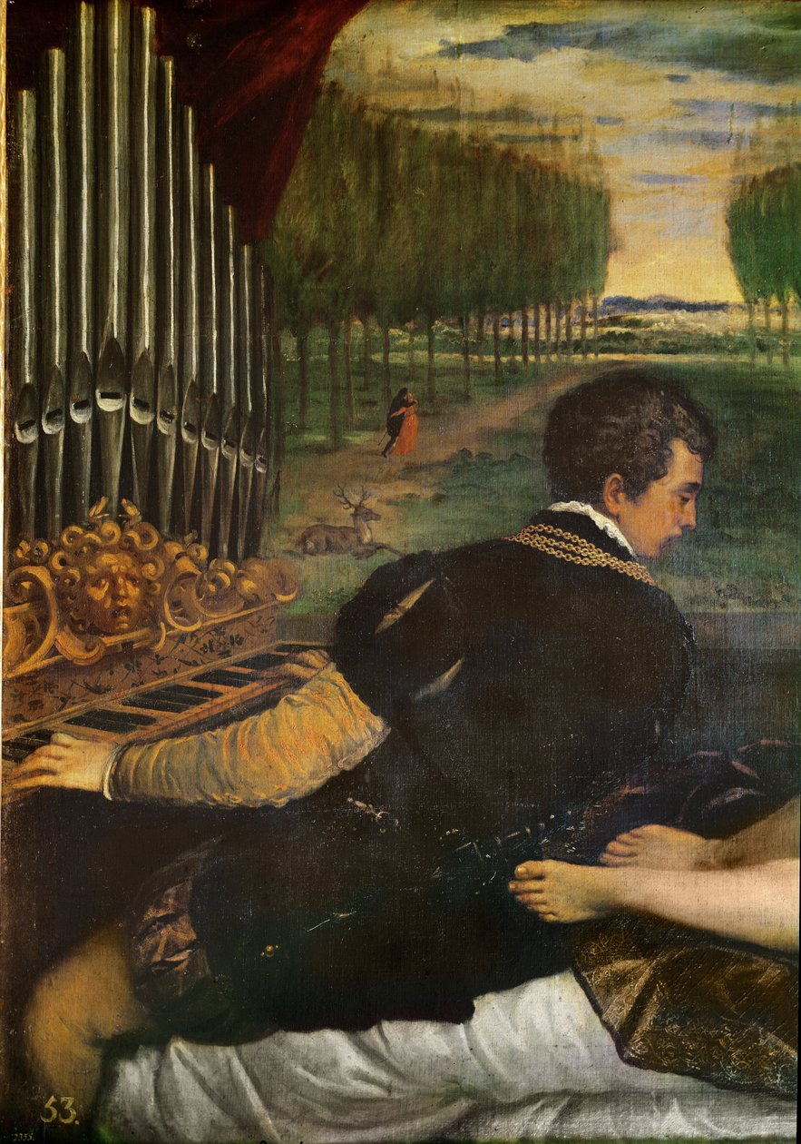 كوكب الزهرة مع عضو وكيوبيد أو أوتافيو فارن ، عضو عضوي وعشيقته (تفاصيل العضو) ، c.1540-50 بواسطة تيزيانو فيتشيلي