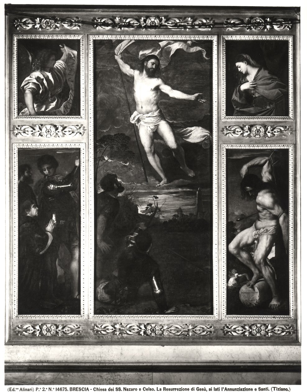 Averoldi Polyptych يصور قيامة المسيح ، البشارة ، SS Nazarius و Celsus مع Averoldi واستشهاد سيباستيان ، 1522 بواسطة تيزيانو فيتشيلي