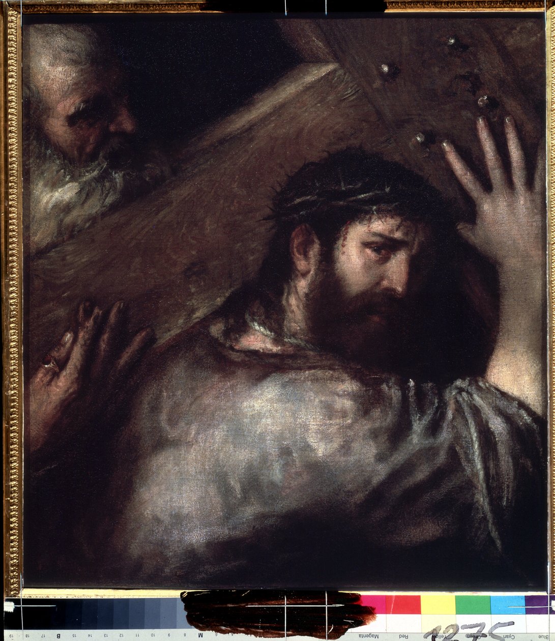 المسيح يحمل الصليب (Le portement de croix) (المسيح يحمل الصليب). اللوحة بواسطة تيتيان أو لي تيتيان (تيزيانو فيسيليو أو فيسيلي أو تيزيانو دا كادور بواسطة تيتيان (1488-1576)