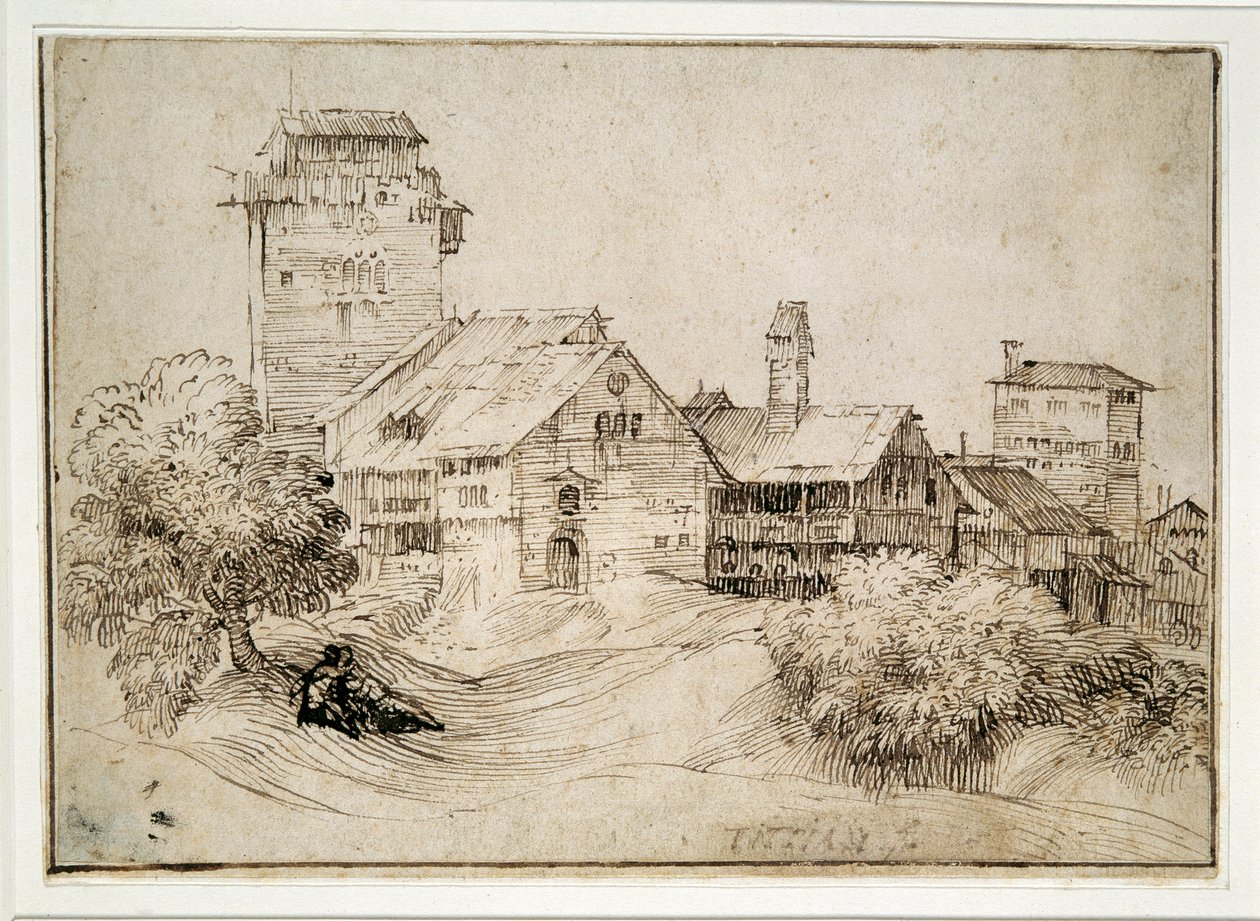 Alpine village and lovers embracing (pen & ink on paper) بواسطة تيتيان (1488 1576) (بعد)