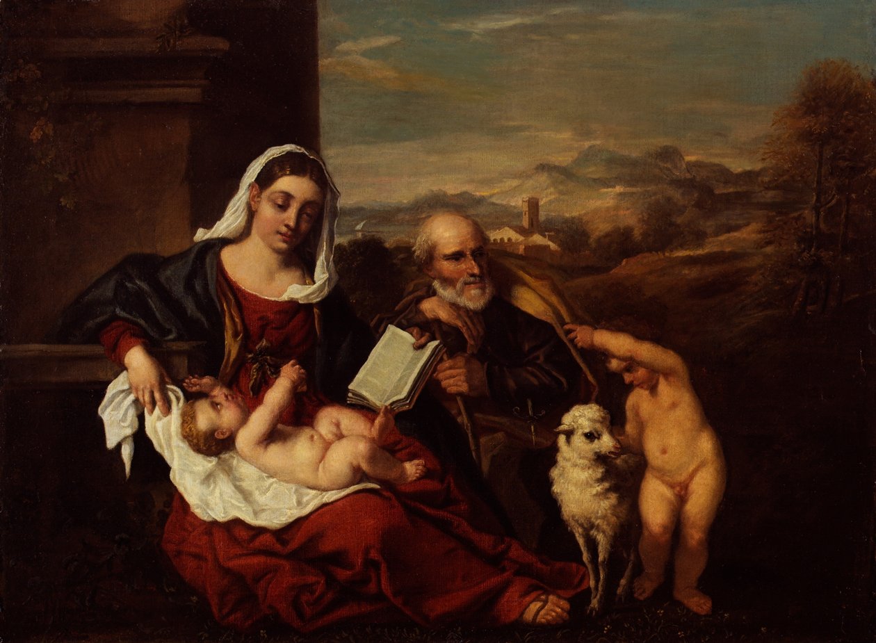 The Holy Family with the Infant St John the Baptist (oil on canvas) بواسطة تيتيان (1488 1576) (بعد)