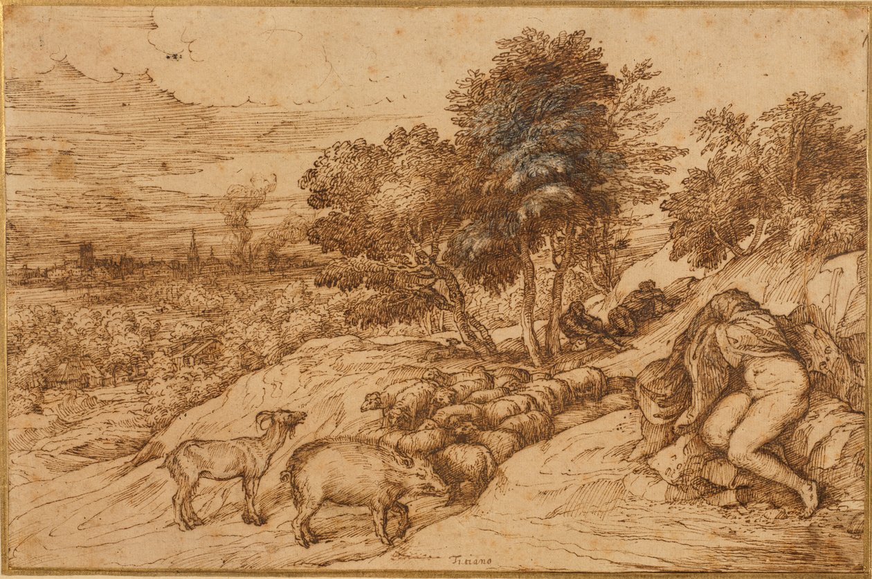 A woody landscape with a nude woman, her head concealed by a cloak (pen & brown ink on cream paper) بواسطة تيتيان (1488-1576)