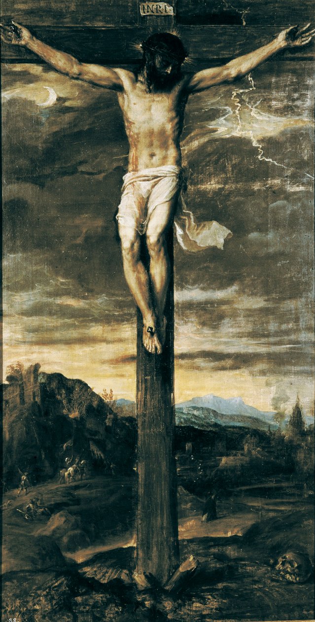 "المسيح المصلوب". نقش "INRI" على الصليب بواسطة تيتيان (1488-1576)
