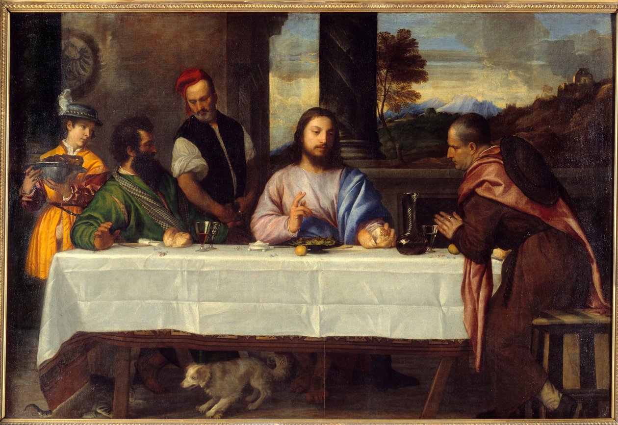 Dinner at Emmaus Meet Jesus with pelerins. Painting by Tiziano Vecellio dit le Titian (1485-1576) 16th century Sun. 1,69x2,44 m بواسطة تيتيان (1488-1576)