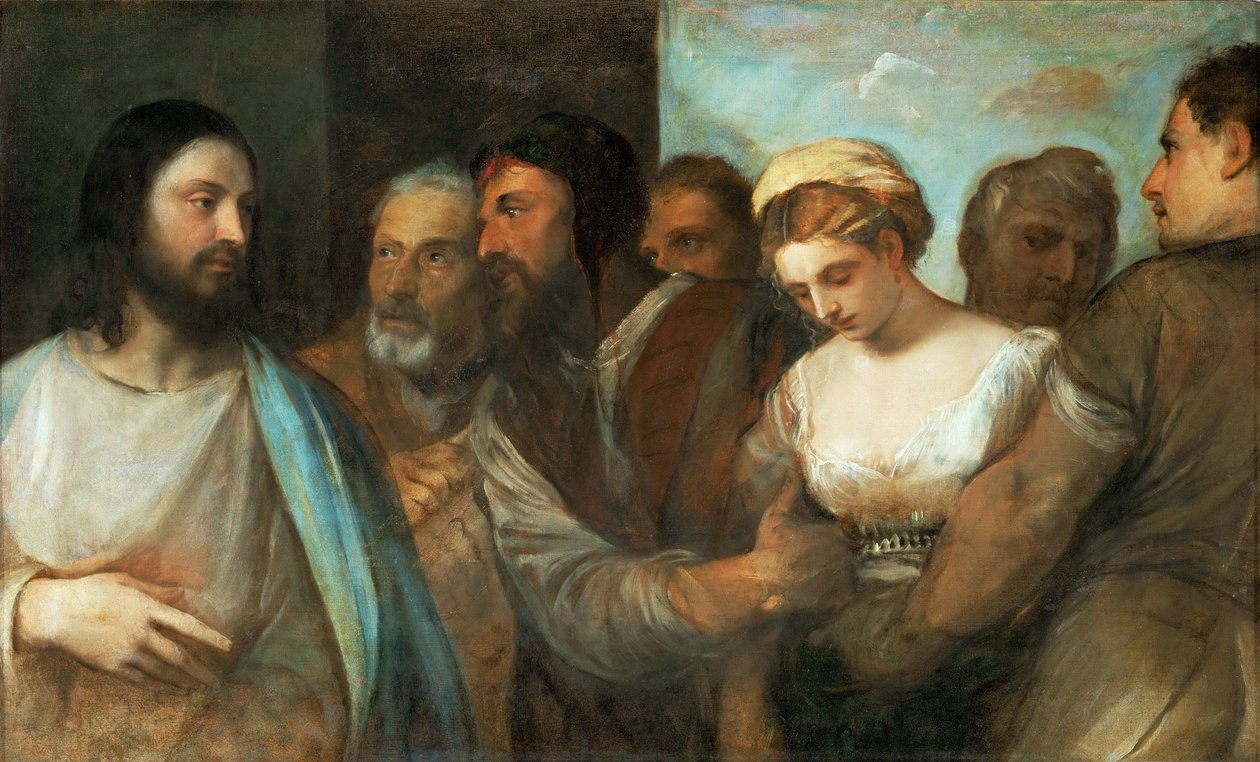Le Christ et la femme adultere - المسيح والمرأة المأخوذة في الزنا ، بواسطة تيتيان (1488-1576). زيت على قماش ، ج. 1520. الأبعاد: 82.5 × 136.5 سم. متحف تاريخ الفن ، فيين بواسطة تيزيانو فيتشيلي