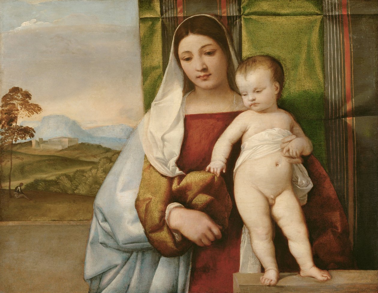 "Madonna zingarella" (La madone bohemienne) (The Gipsy Madonna) لوحة تيزيانو (تيتيان أو تيتيان) (1488-1576) حوالي عام 1510 - زيت على خشب خافت 65.5x83.5 سم متحف تاريخ الفن ، فيينا بواسطة تيتيان (1488-1576)