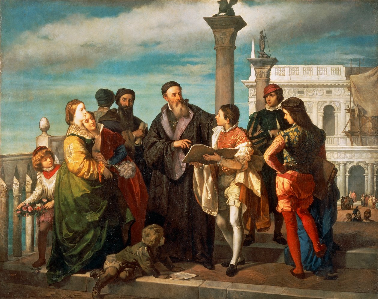 اللقاء بين تيتيان (1488-1576) والشابة فيرونيز (1528-1588) في بونتي ديلا باجليا ، بواسطة أنطونيو زونا (1814-1842) ، زيت على قماش بواسطة تيتيان (1488-1576)